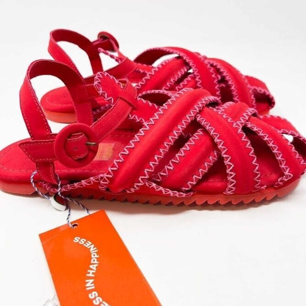 Farm Rio Womens Red Zig Zag Stitch Sandal Vegan Leather Fisgerman Size 10 NW/BOX - Picture 1 of 6